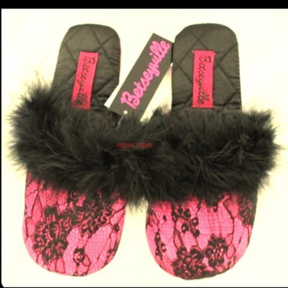 Pink and Black Lace Slippers