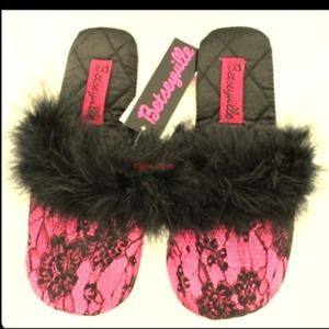 Pink and Black Lace Slippers