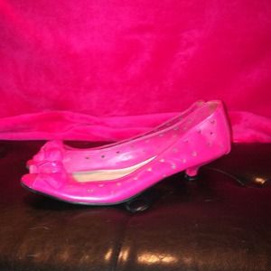 Hot pink kitten heels with heart cutout details!