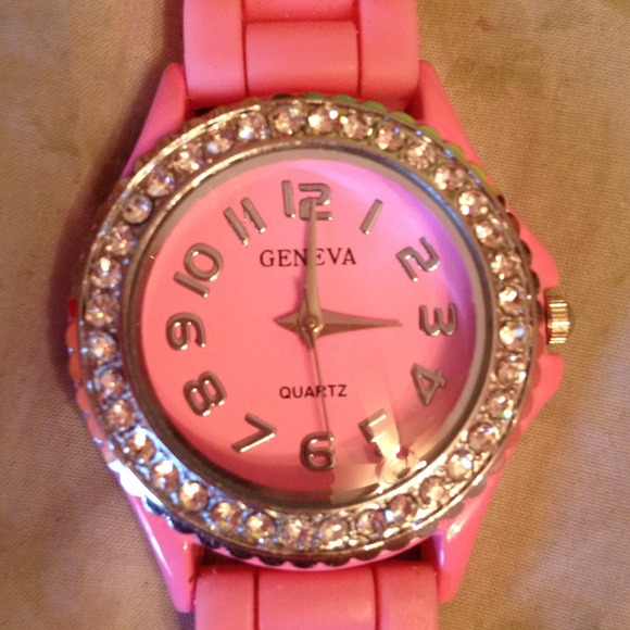 Pink Geneva Watch Circled with Rhinestones