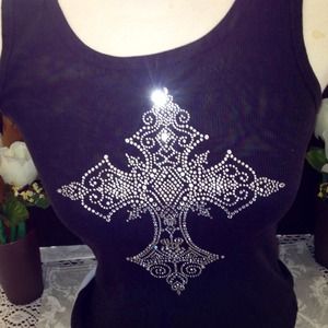 Black ladies fitted tank top with rhinestones