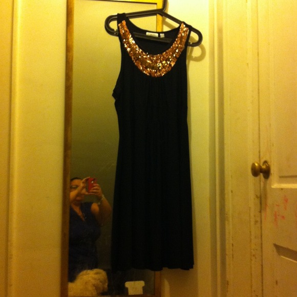 Black Dress with Gold Sequin and bead Collar