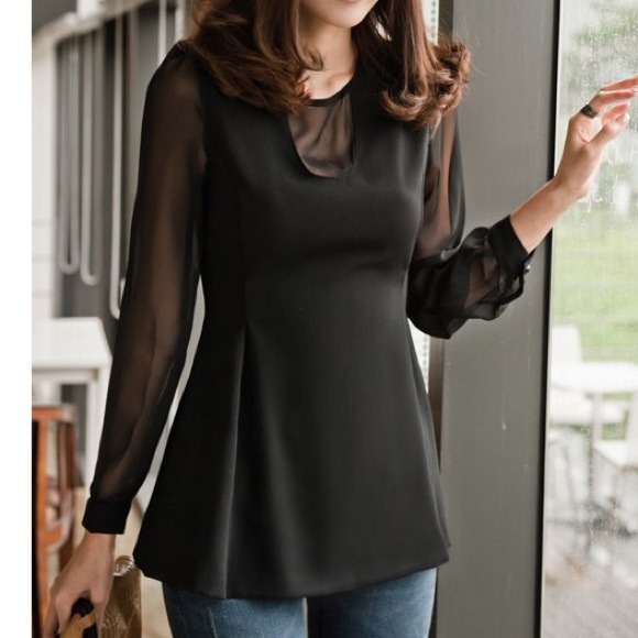 Tops - High-waist Vintage-cut Blouse/ Black