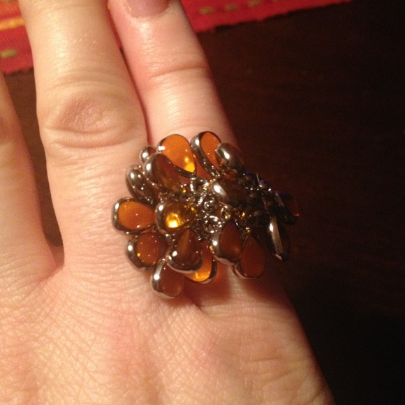 Beautiful amber/orange teardrop silver Swatch ring