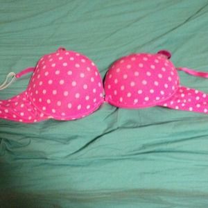 bombshell inspired pink and white polka dot bra