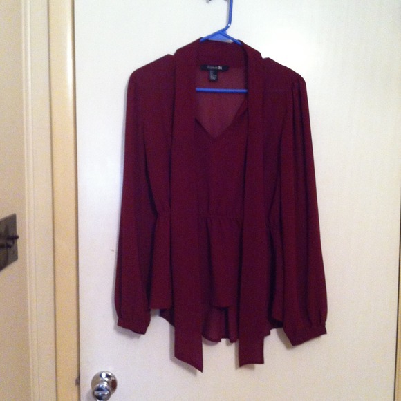 Sheer maroon, hi collar, with tie, blouse