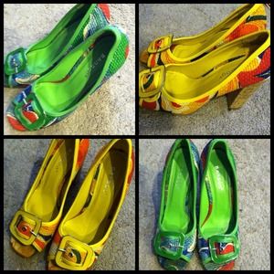 Green and yellow pairs of shoes