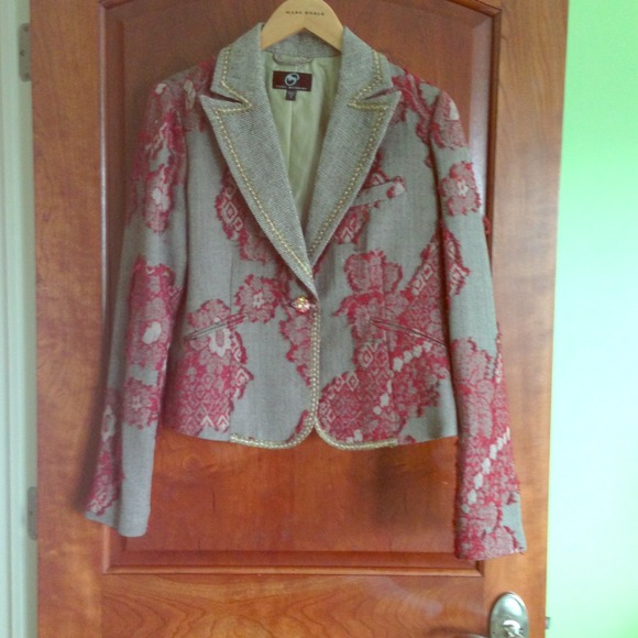 Tweed/ embroidered blazer with jewel button.