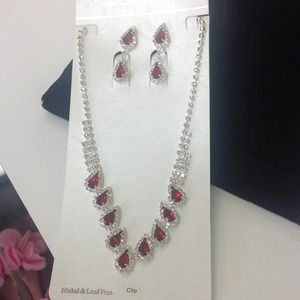 Rhinestone necklace and earring set with garnet