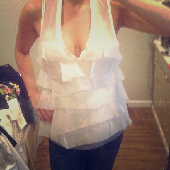 BCBG champagne ruffle top.