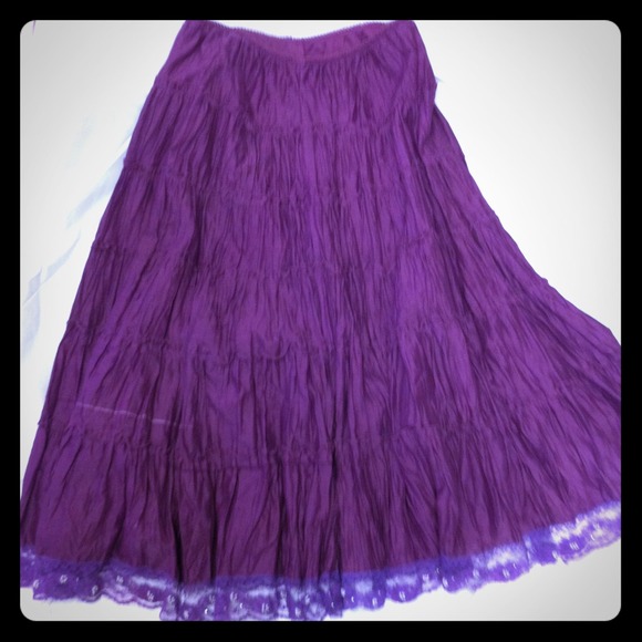 Long ruffled purple skirt with lace trim by Angie