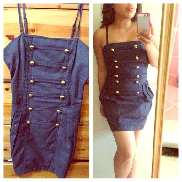 Blue zipper dress with gold buttons