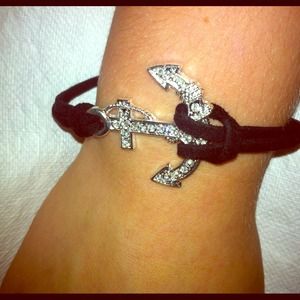 Black suede bracelet with silver diamond anchor