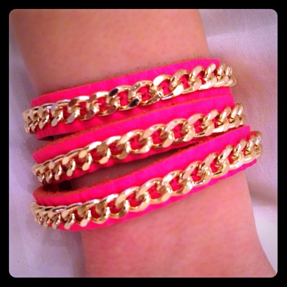 Neon Pink Leather Chain Bracelet