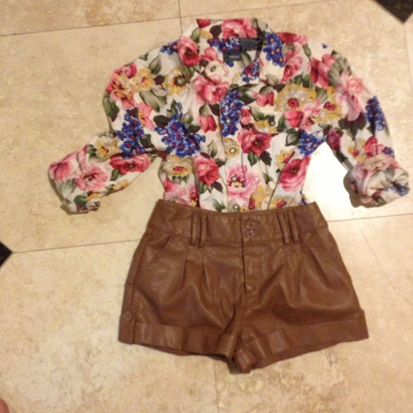 Floral button up with leather high waisted shorts