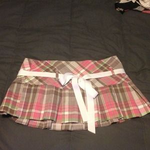 Pink, green and light brown plaid skirt.