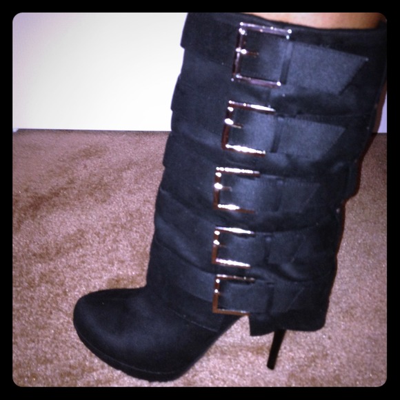 Sexy black buckle boots - Sz 9 with stiletto heel