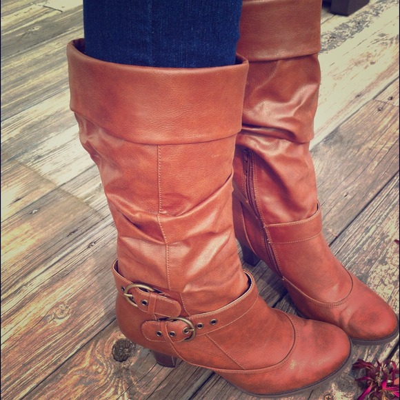 Light brown, Mid-calf,  short heeled boots.