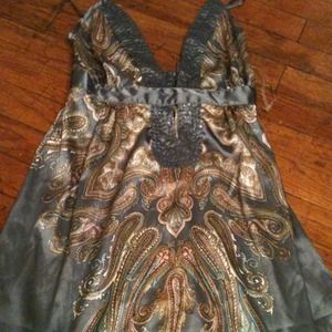 Long silver paisley print satin sequin top