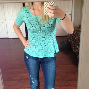 Adorable turquoise peplum lace top