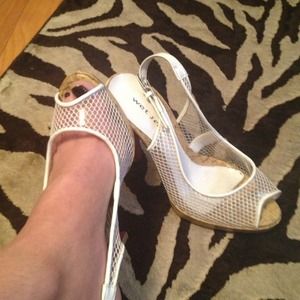 White heels with wooden heel peep toe