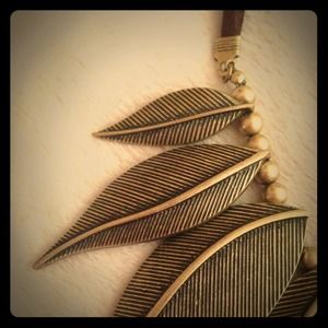 Brown Leaf Necklace with Leather & Golden Beads
