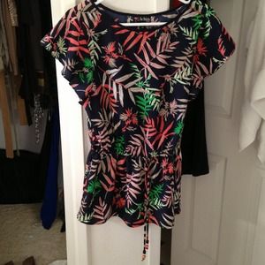 Navy colored blouse with multi colored leaves