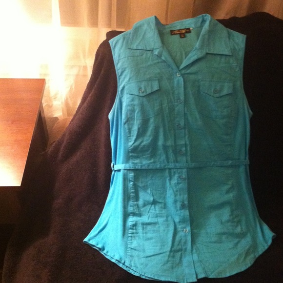 Blue sleeveless shirt/dress with tie back