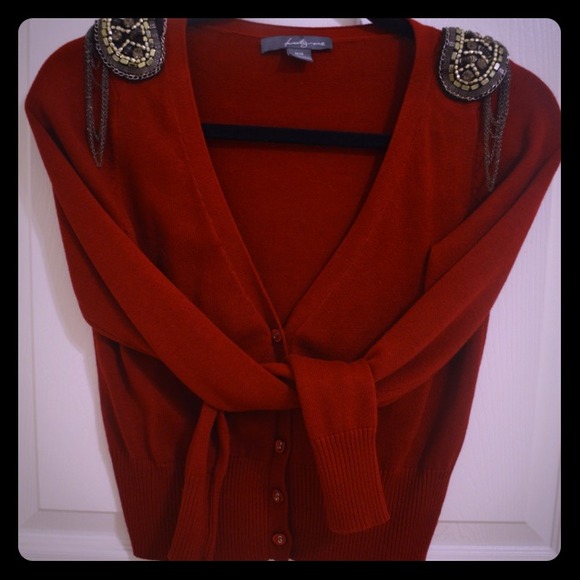 RED Cardigan w/ edgy shoulder embellished detail.