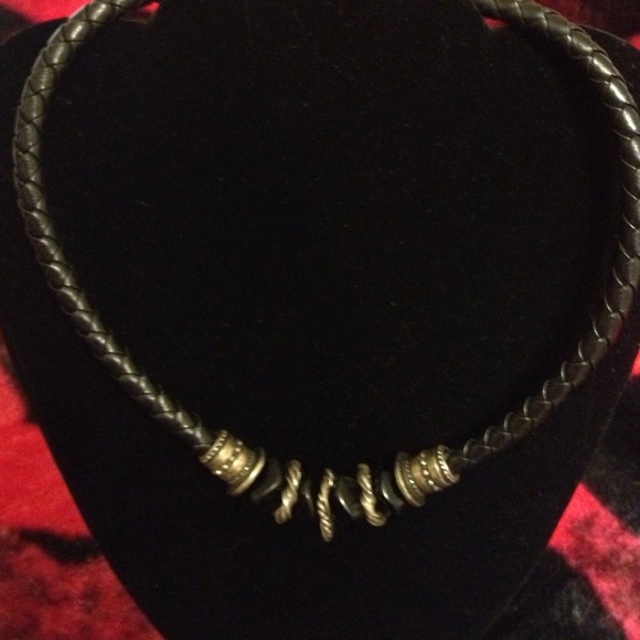 Black leather & Silver necklace.