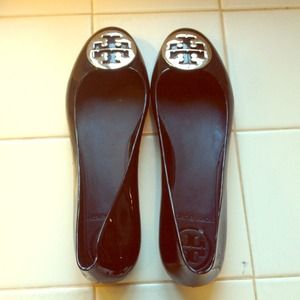 Tory Burch black jelly flats with silver buckle