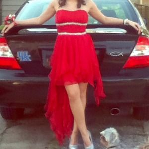 Red homecoming dress w/ silver waistline sequence.