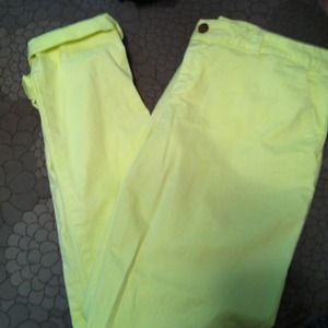 Neon yellow broken in straight khakis by GAP 8tall