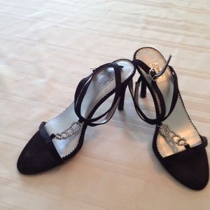 Black strappy formal heels with rhinestone details