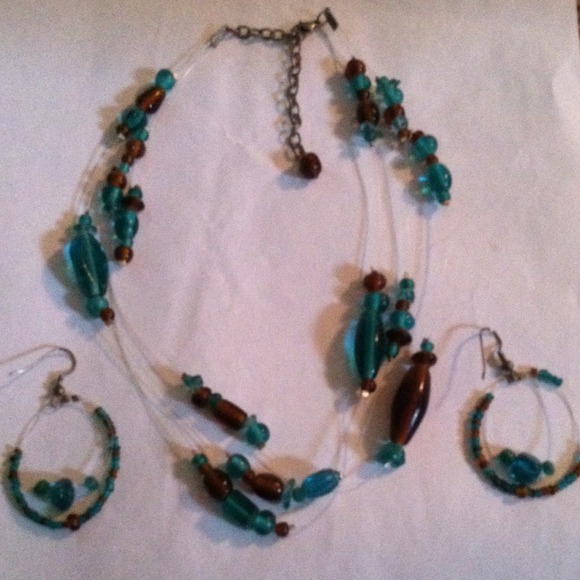 Brown and blue necklace and earring set