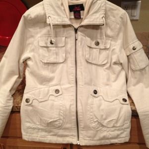 Cream fleece lined coat with hood.