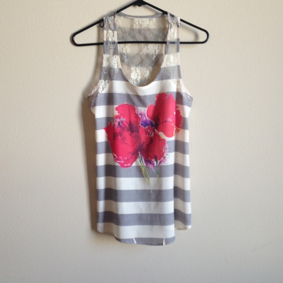 Flower grey and white stripe tank with lace back