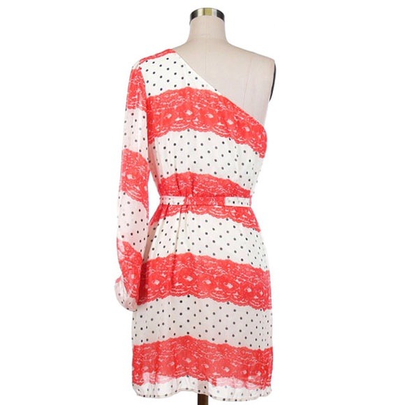 one shoulder off polkadot with lace print dress. - Picture 2 of 3