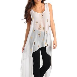 ✨WHITE SHEER TOP WITH GOLD CROSS PRINTS✨ (M)