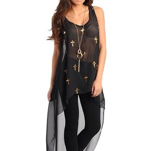 🔴ON SALE🔴BLACK SHEER TOP WITH GOLD CROSS PRINTS