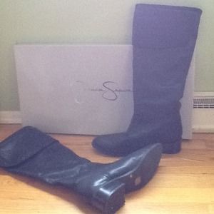 Jessica Simpson tall black leather boots.