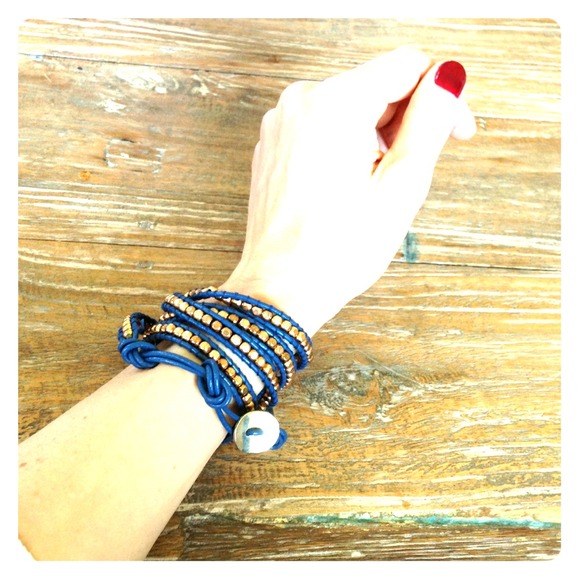 Wrap bracelet- blue leather and copper