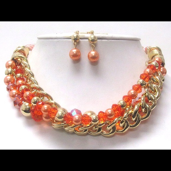 Orange and gold pearl and chain set