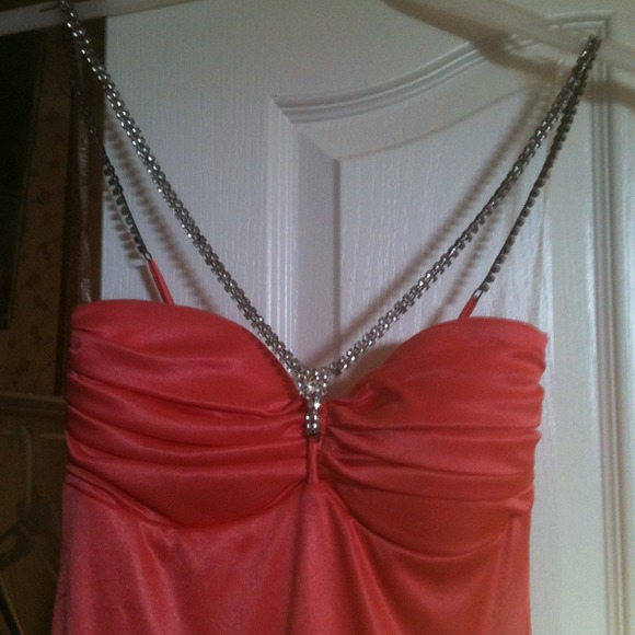 Melon colored floor length prom dress