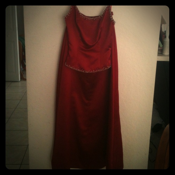 2 piece bridesmaid gown in deep crimson red.