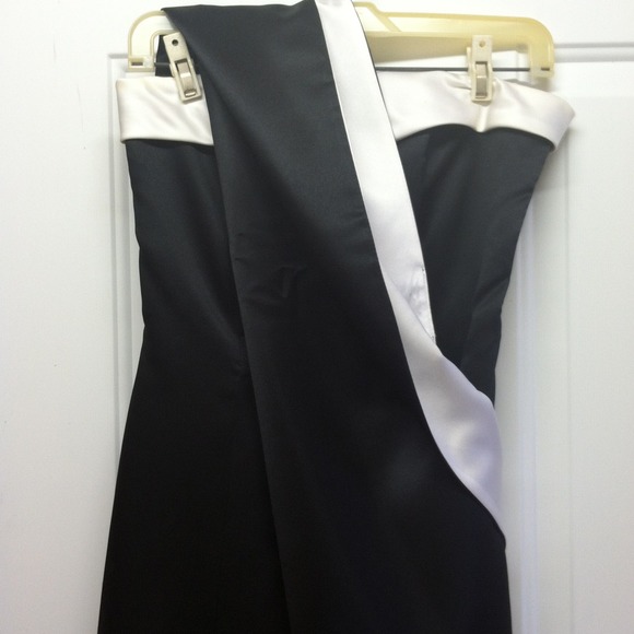 Black and white satin strapless formal dress