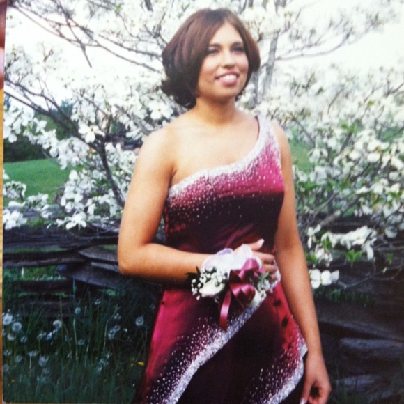 Maroon one shoulder beaded prom gown
