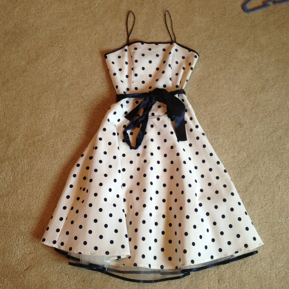 White dress with Navy Blue Polkadots and navy bow