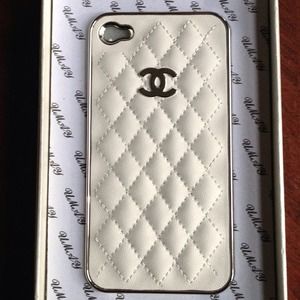White Chanel case with silver emblem