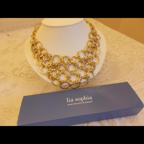 Lia Sophia Gold Bib Necklace&Gold and White Bangle